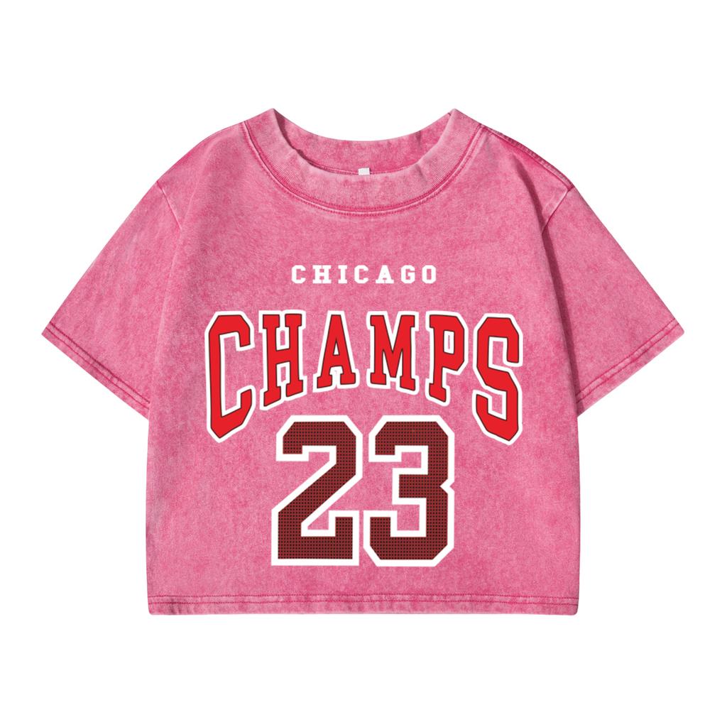 Women Cotton Washed T-Shirts Fashion Regular Fit O-Neck Crop Tops Chicago Champs 23 Printing Short Sleeve Clothes