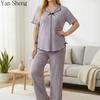 Set Pigiama da Donna, Top a Manica Corta in Seta di Latte e Pantaloni Lunghi, Collo a Revers con Fiocco, Pigiami Monocolore 2 Pezzi per Casa e Uso Quotidiano