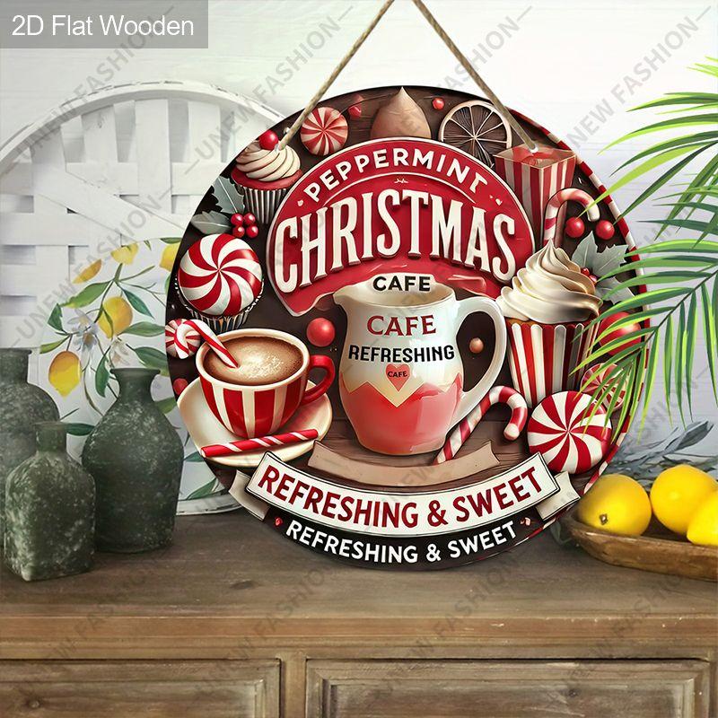 Peppermint Christmas Cafe Round Wooden Hanging Sign, 2D Flat Printed Christmas Wall Door Ornament, Xmas Home Holiday Decor Gift
