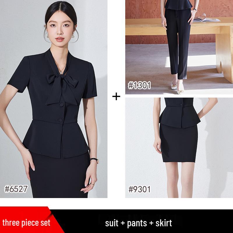 Women's Thin Dark Blue Short-Sleeve Suit Set - Summer Hotel Front Desk, Lobby Manager, Jewelry Store Uniform