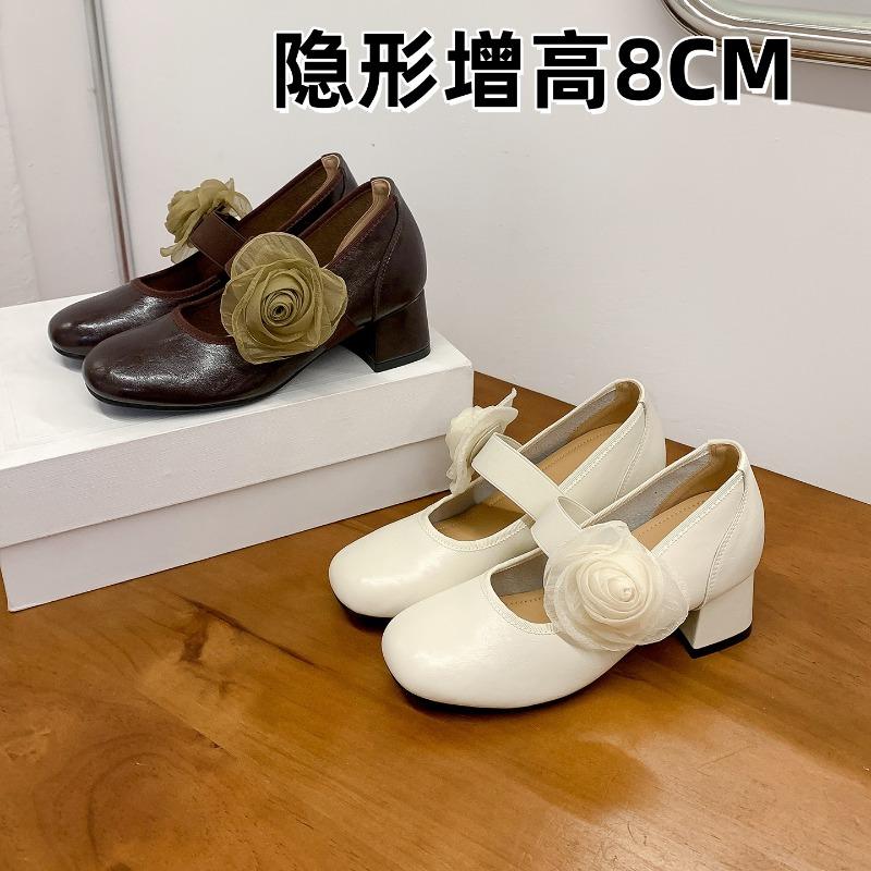 Size 33 small man heightening retro flower word with Mary Jane shoes women's ballet high heel light mouth single shoes
