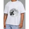 White T Shirt with Dinosaur Riding Bike on Moon Print Casual Summer Wear for Men and Women