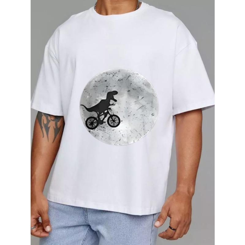 White T Shirt with Dinosaur Riding Bike on Moon Print Casual Summer Wear for Men and Women
