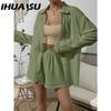 IHUASU Women's Spring and Summer Fashion Solid Colour Long-sleeved Shirt Suit Women Casual Loose Shorts Two-piece Set