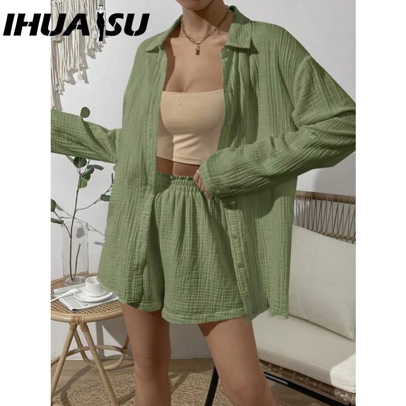 IHUASU Women's Spring and Summer Fashion Solid Colour Long-sleeved Shirt Suit Women Casual Loose Shorts Two-piece Set