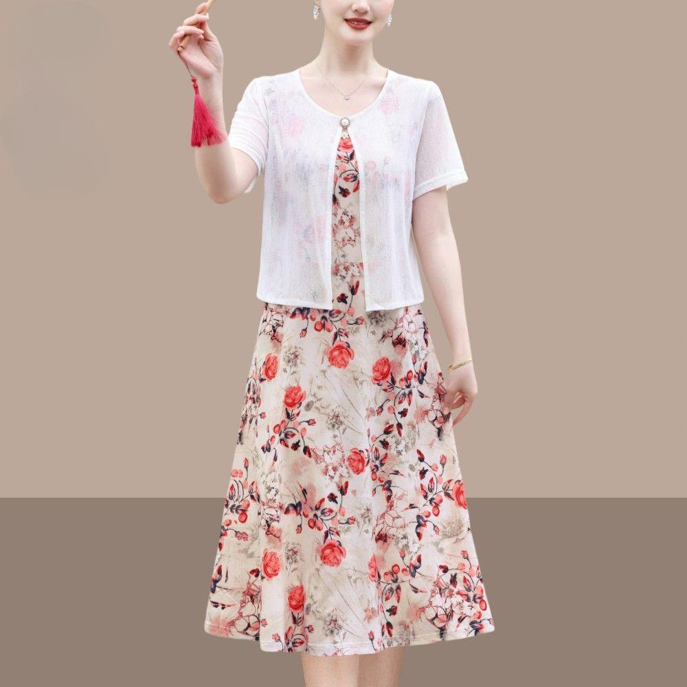 

Шикарное летнее платье из двух частей для мам, элегантное, стройнящее и молодое, модная одежда для женщин среднего возраста XL