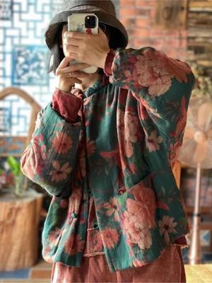 Frauen Vintage chinesischen Stil Baumwolle Kleidung Langarm Kragen lose Baumwolle Kleidung