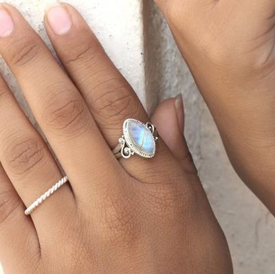 Rainbow Moonstone Ring, 92.5% Silver Ring, Silver Moonstone Ring,Marquise Moonstone Ring, Moonstone Crystal, Gypsy Boho Ring ,Handmade Ring