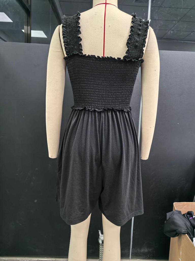 2026 New Lightweight European & American Sleeveless Square Neck Smocked Jumpsuit with Wide-Leg Shorts
