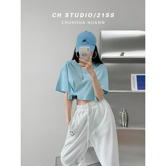 

Women s Summer Short-Sleeve Slim Fit Navel-Baring Tops, Loose Korean Style T-Shirts. Double Extra Large небо синє кольору