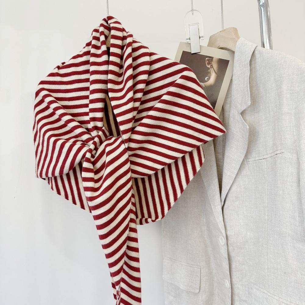 Cross-Border Wool Striped Shawl Enlarged Autumn And Winter Warm Triangle Scarf Knitted Women'S Knotted Shoulder Scarf