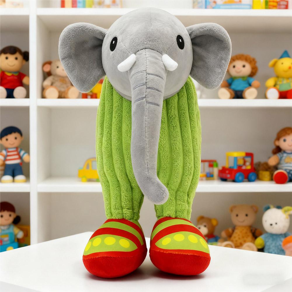 “Cartoon Stuffed Elephant Plush Toy Gray Head & Trunk with Green Striped Body Red-Yellow Polka Dot Feet