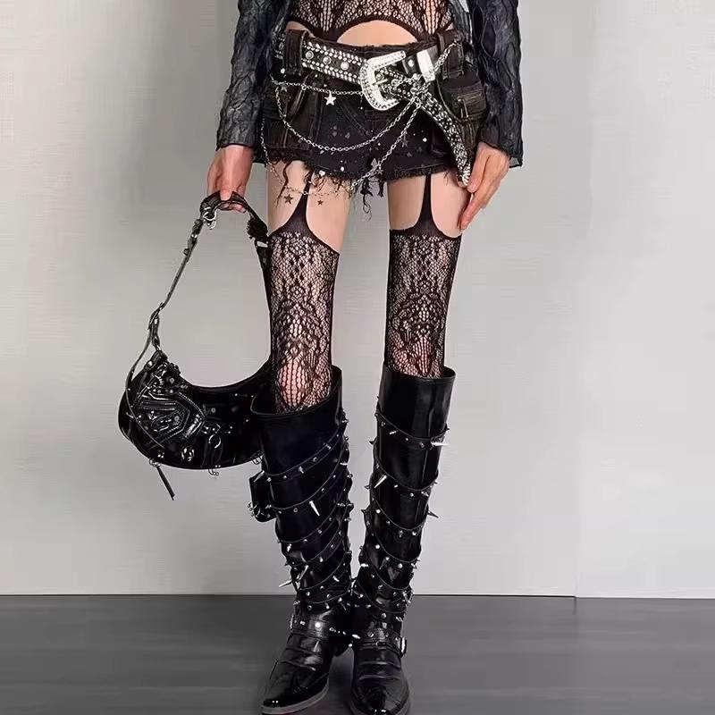 Lolita Sweet Girls Punk Style Floral Tights Colorful Thigh High Stockings Sheer Fishnet Suspender Tights Garter Belt Pantyhose