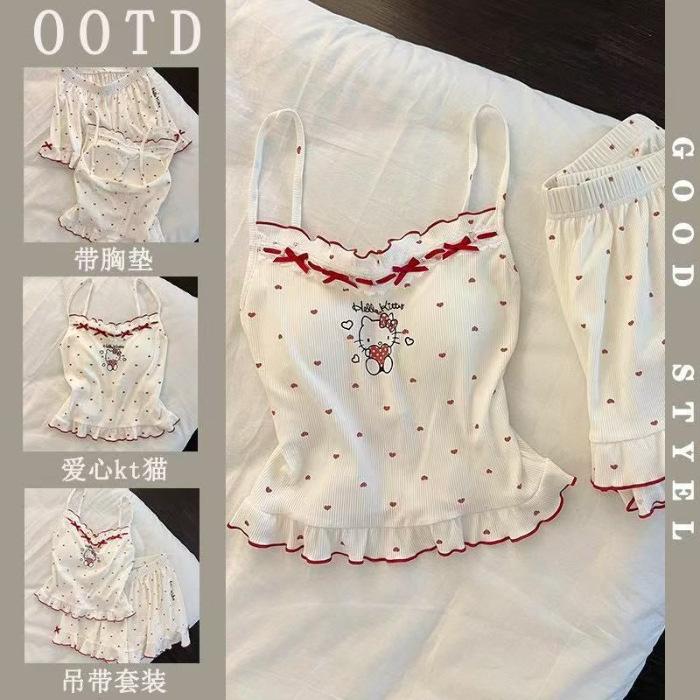 

Pure desire sweet Hello Kitty KT printed pajamas women s summer with chest pads, suspenders, shorts, loungewear set can be worn outside M