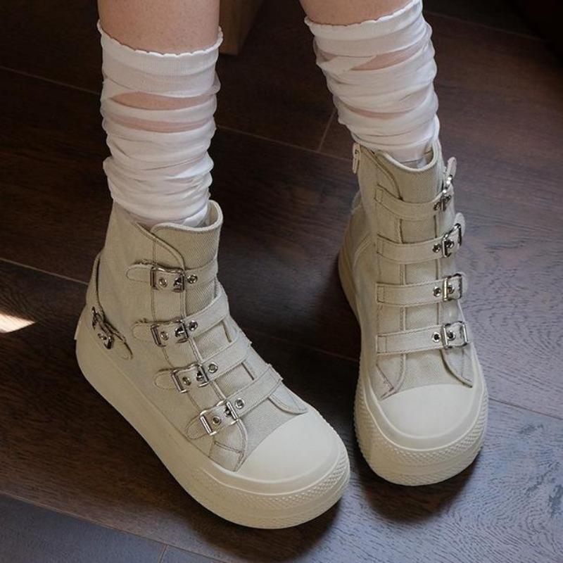 Damskie Buty na Platformie z Płótna Codzienne Outdoorowe Wszechstronne Trampki Wzór z Klamrą Wysokie Buty Modne Buty na Zamek Damskie Botki