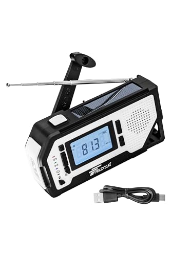

FIELDOOR Emergency Radio, Multi-Function Flashlight, USB Charging, Battery Charging, Smartphone Charging, Solar Powered, Hand Crank, Waterproof, AM/FM