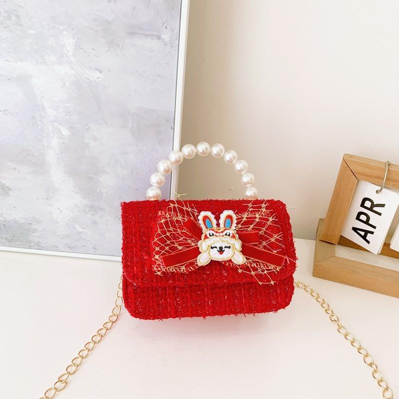 Red Adorable Pu Handbag For Kids Featuring Bow Design And Trendy Strap Chain