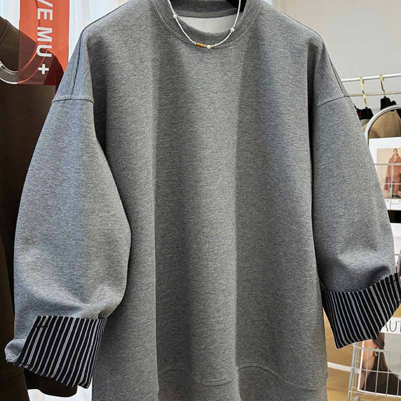 Sweatshirt for Women Cotton Oversize Fleece Thickened Loose False  Two Striped Round Neck Casual Pullover Long Sleeve Top Sweatshirt