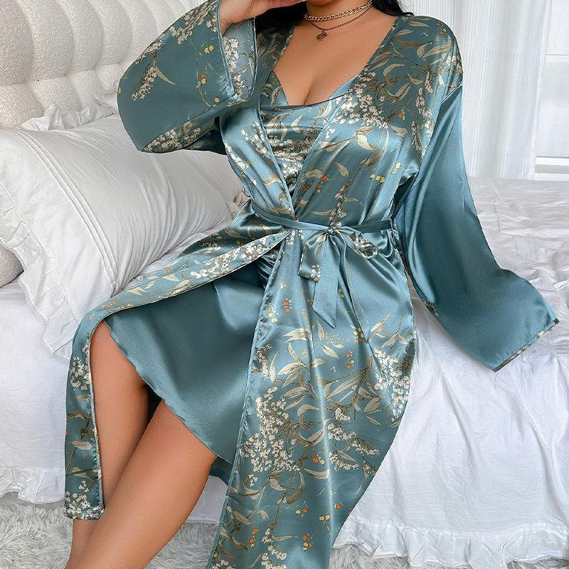 Printed Pajamas Women's Loungewear Set Household Long Lace-up Nightgown Bathrobe Comfortable Sleep Nightgown Wholesale