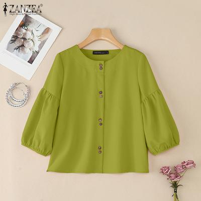 Women Casual Round Neck Loose 3/4 Sleeve Plain Blouse