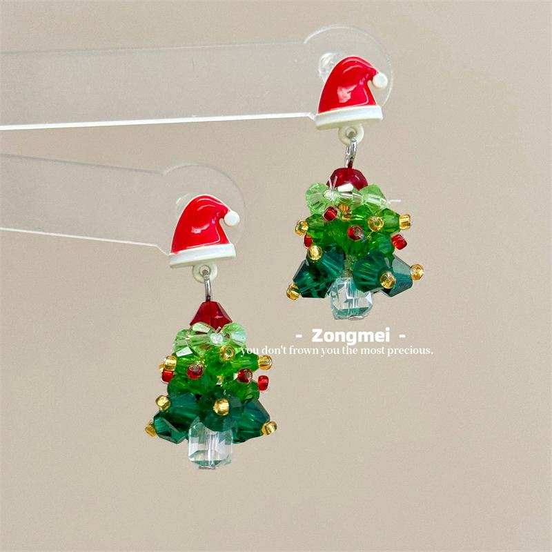 3D Christmas Tree Earrings with Red Bow - Heavy Beaded Crystal Ear Clips, Hand-Woven Holiday Accessories