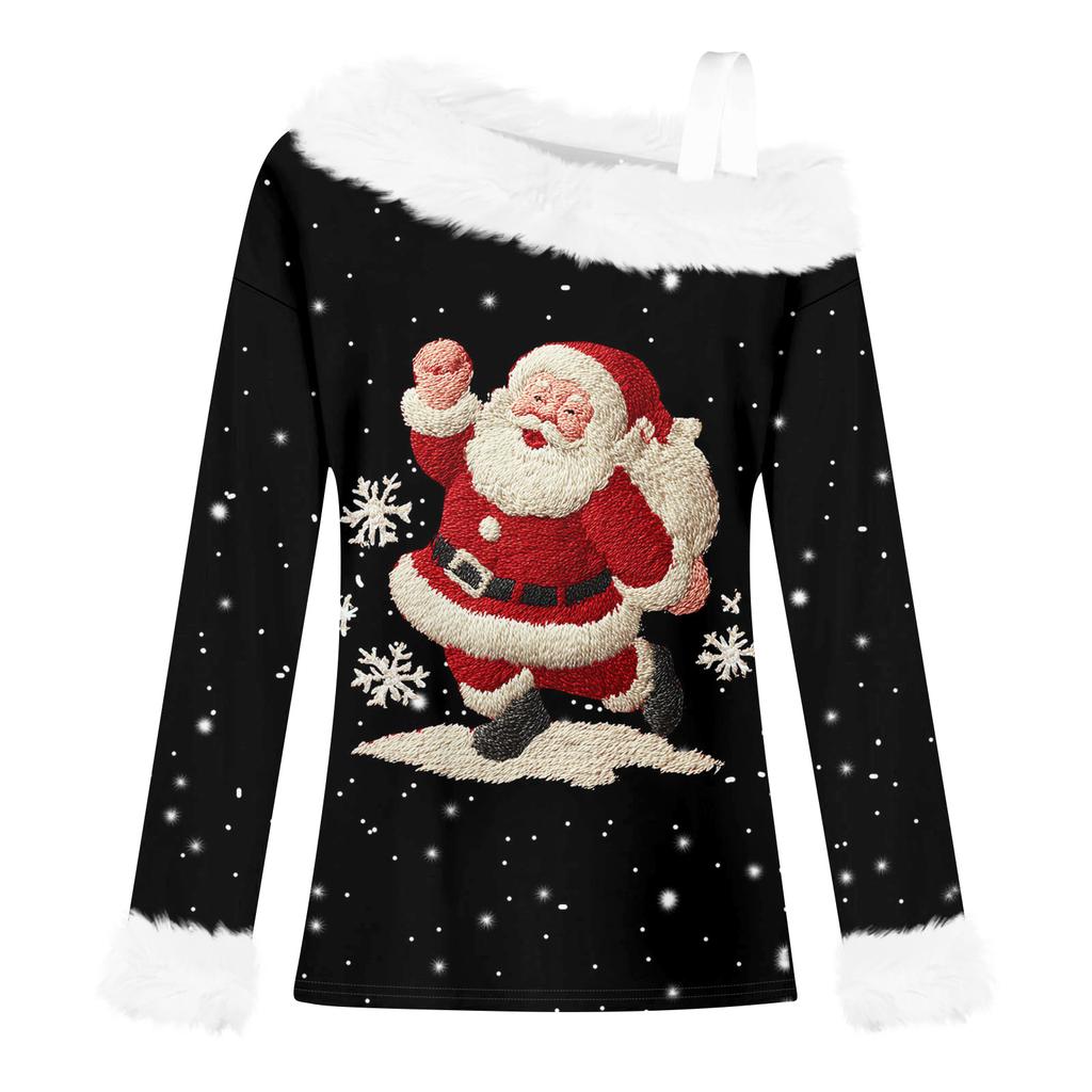 Women's Casual Fashion Sexy Off-Shoulder Collar Christmas Pattern Long Sleeve Crewneck T-Shirt Top