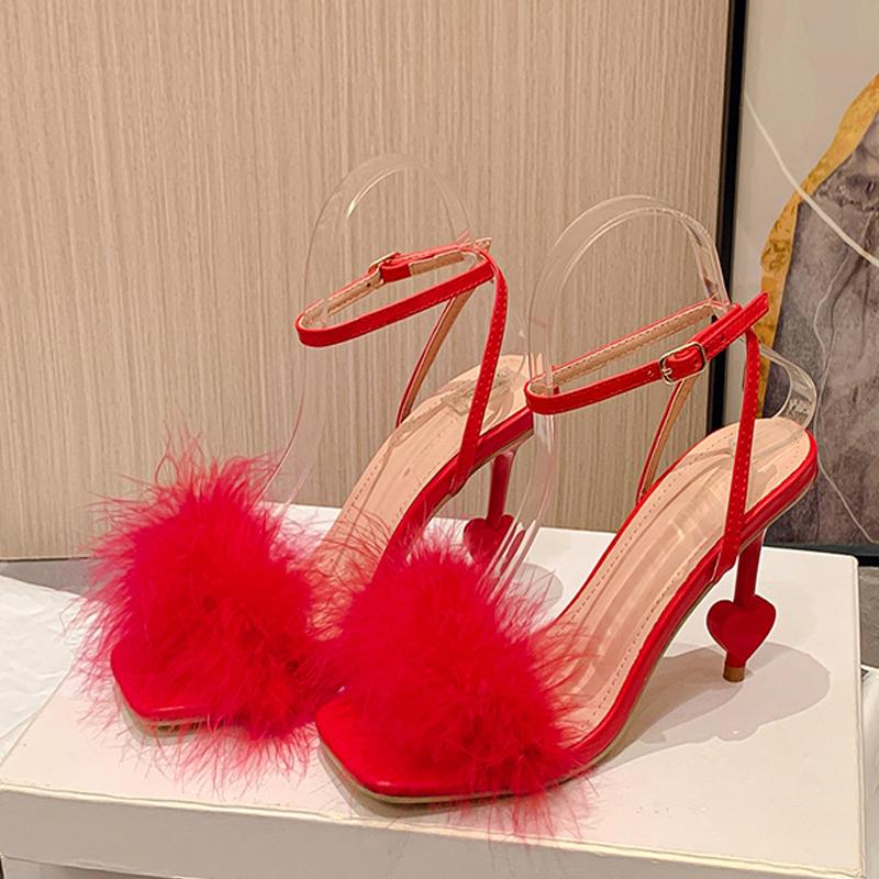 Liyke Big Size 42 Sexy Ankle Strap Strange High Heels Fluffy Feather Women Sandals Summer Gladiator Square Toe Party Dress Shoes