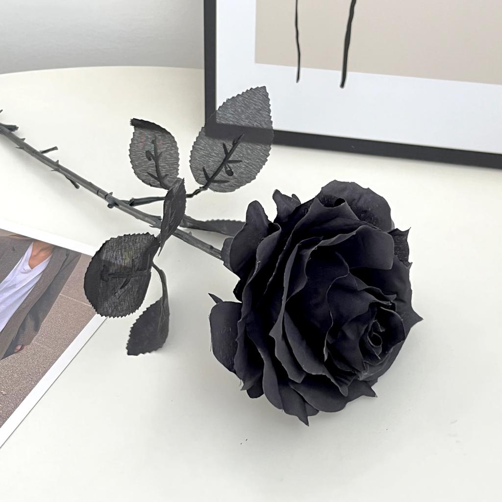 1pc Pure Black Rose Mock Bouquet Halloween Horror Gothic Dark Decor Immortal Flowers  Plastic Flowers