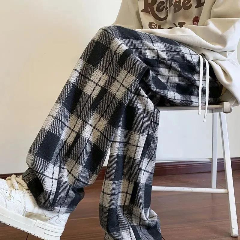 Plaid Casual Pants Plus-size Slim Fit Straight-leg Casual Pants Retro Sporty Pants Black and White Checkered Pants