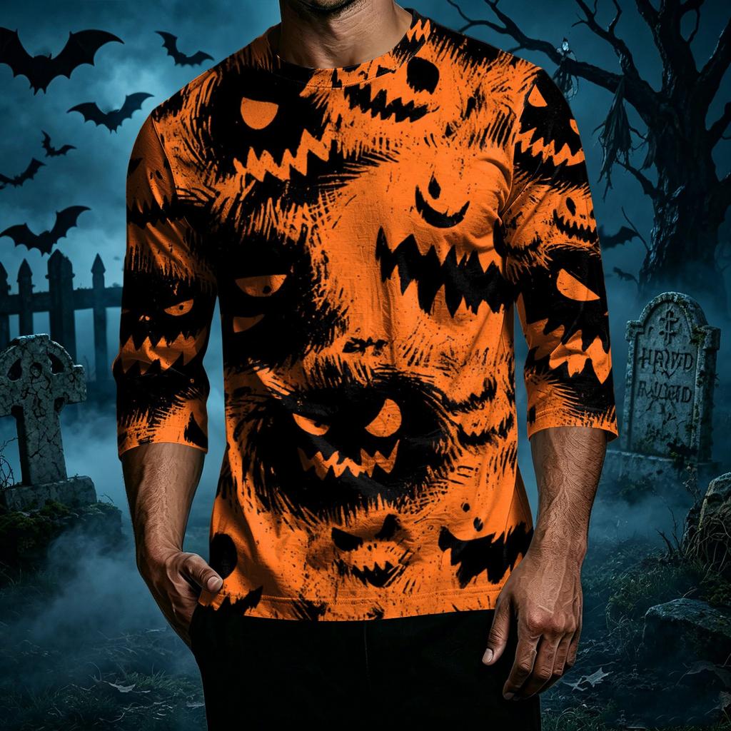 Men's Halloween Print Casual T Shirt 3 4 Sleeve Crew Neck Top Lightweight Comfortable Fit Seasonal Graphic Tee
