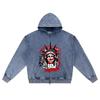 DTG print Knitted Denim Zip-Up Hoodie Muted Freedom Brother Print Zipper Hoodies  