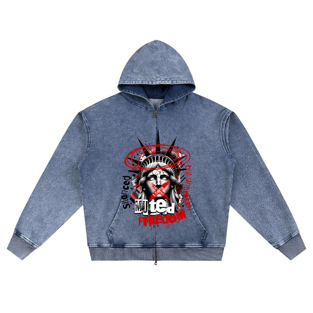 DTG print Knitted Denim Zip-Up Hoodie Muted Freedom Brother Print Zipper Hoodies  