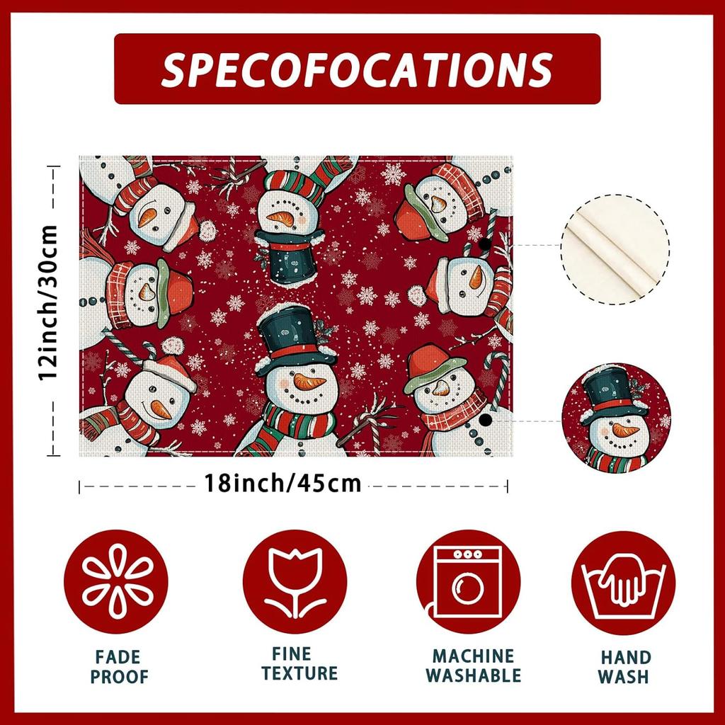 Red Winter Snowflakes Snowman Christmas Xmas Placemats Set of 4 Table Mats for Party Home Kitchen Dining Table Decorations 12x18 Inch