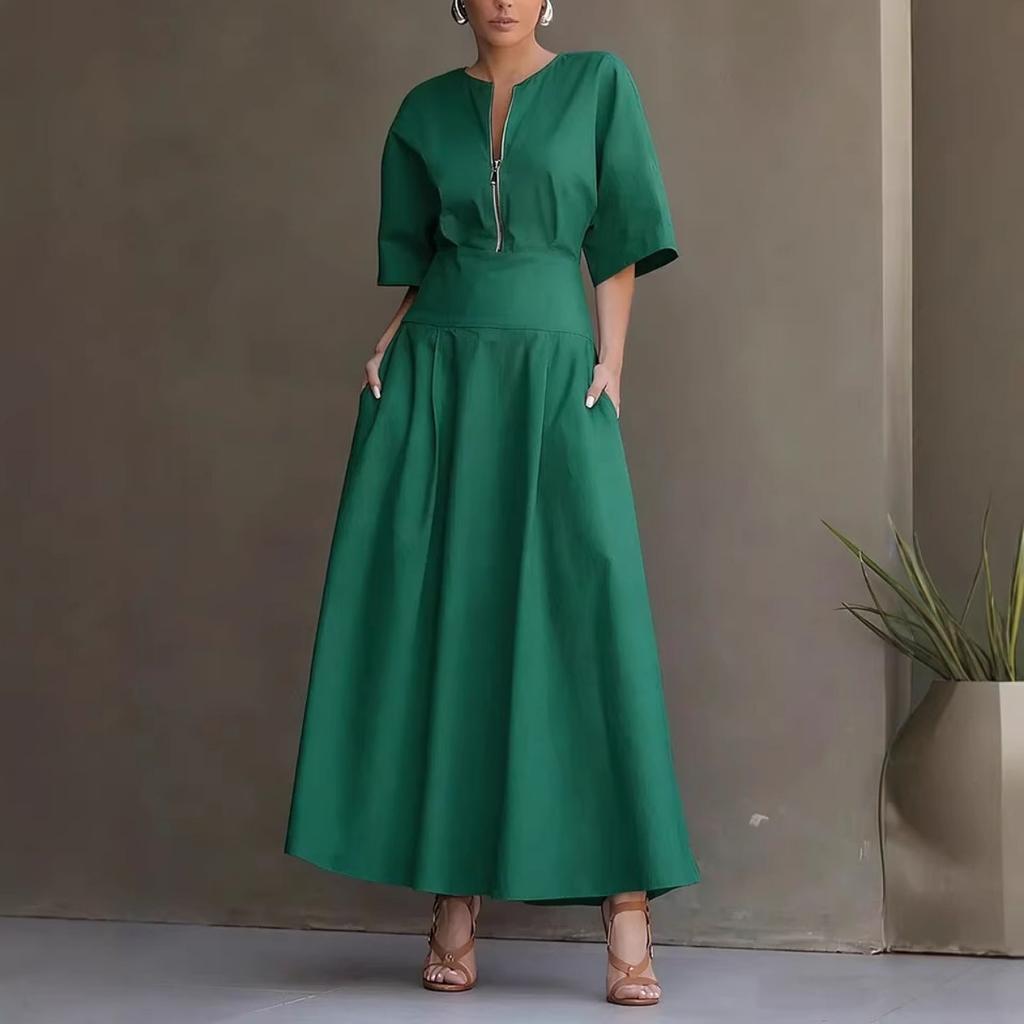 Women's Solid Color Short Sleeve Maxi Swing Dress Casual Fashion Summer Dress for Women