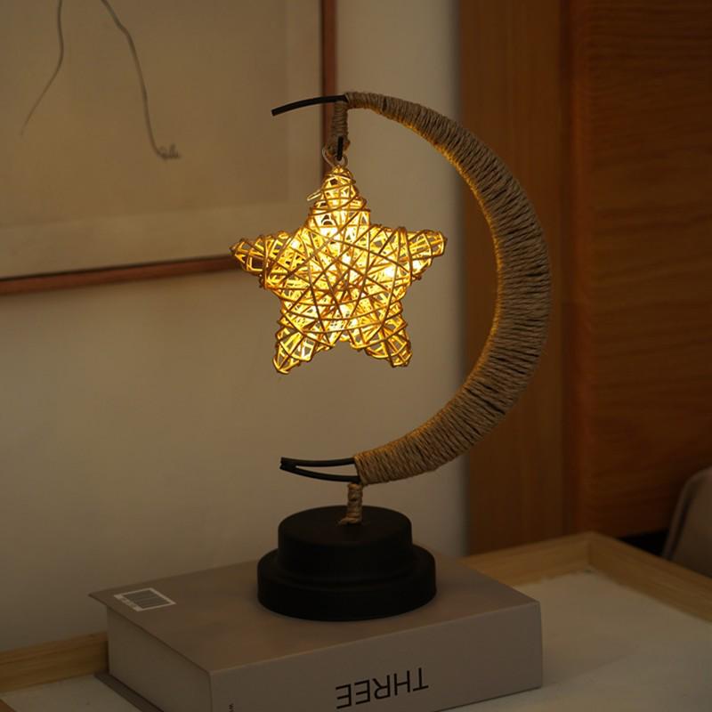 LED Star and Moon Vine Ball Desk Lamp with Hemp Rope and Iron Art - USB Decorative Night Light