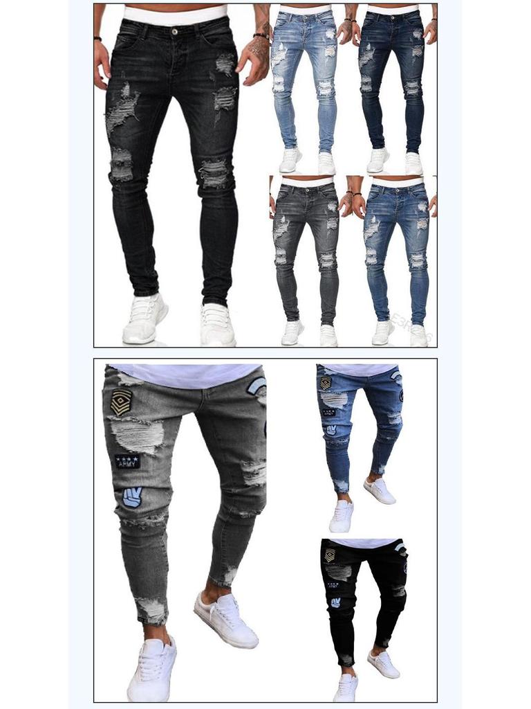 European and American Trendy Hip-Hop Ripped Badged Skinny Jeans for Men