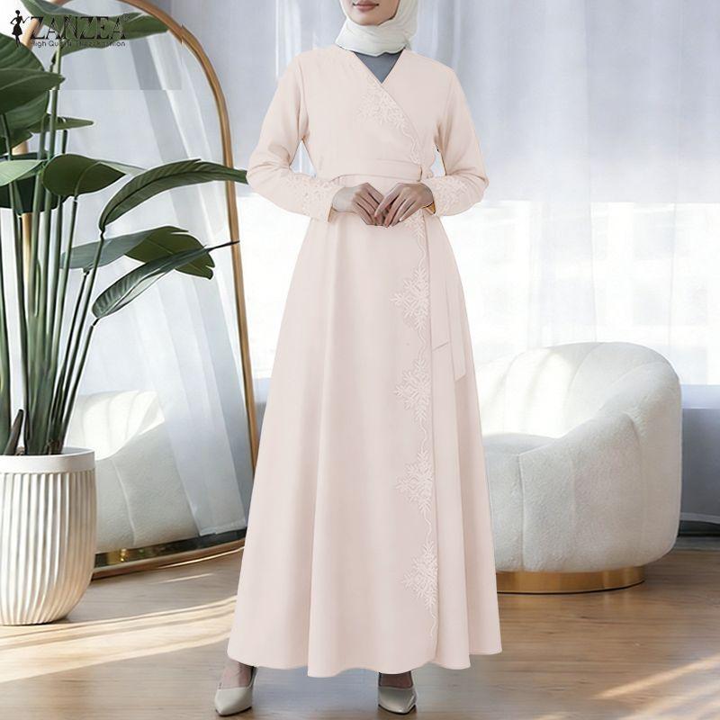 ZANZEA Women Casual V-Neck Loose Long Sleeve Muslim Dress