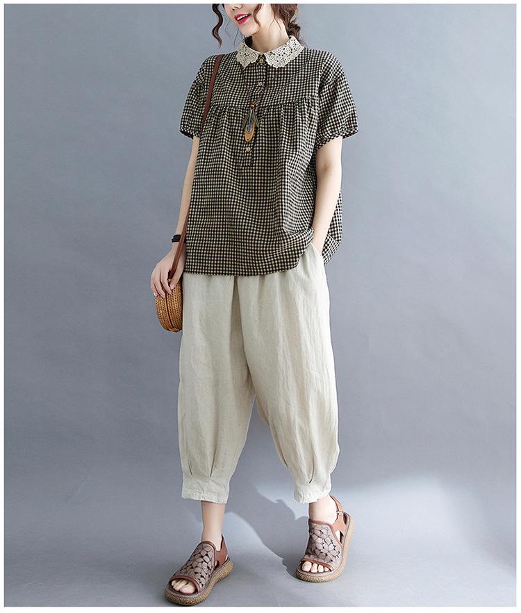 2021 Letní Nadměrná Velikost Patchwork Dámská Bavlněná Lněná Kostkovaná Košile s Peter Pan Límcem Zeštíhlující Krátký Rukáv