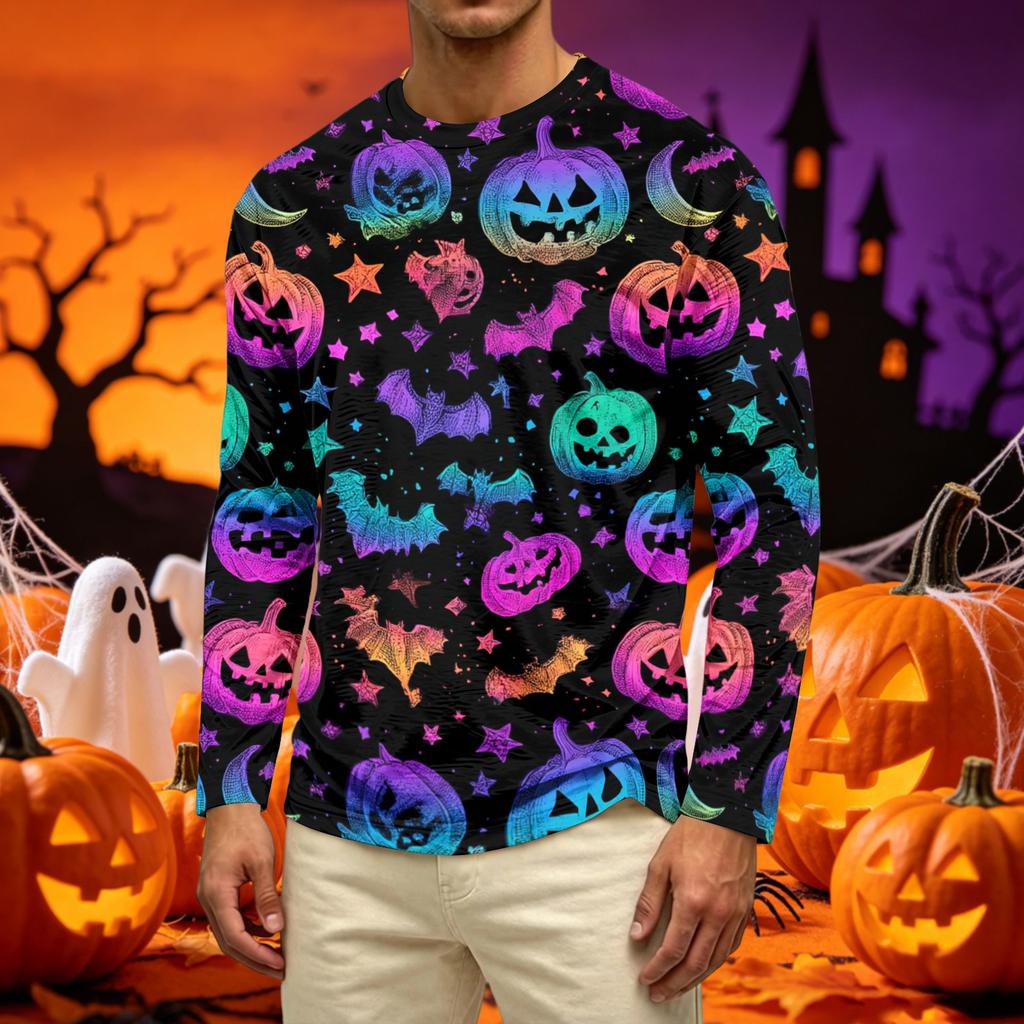 Men's Casual Long Sleeve Crew Neck T-Shirt with All Over Ghost Print Lightweight Comfortable Fit for Everyday Wear