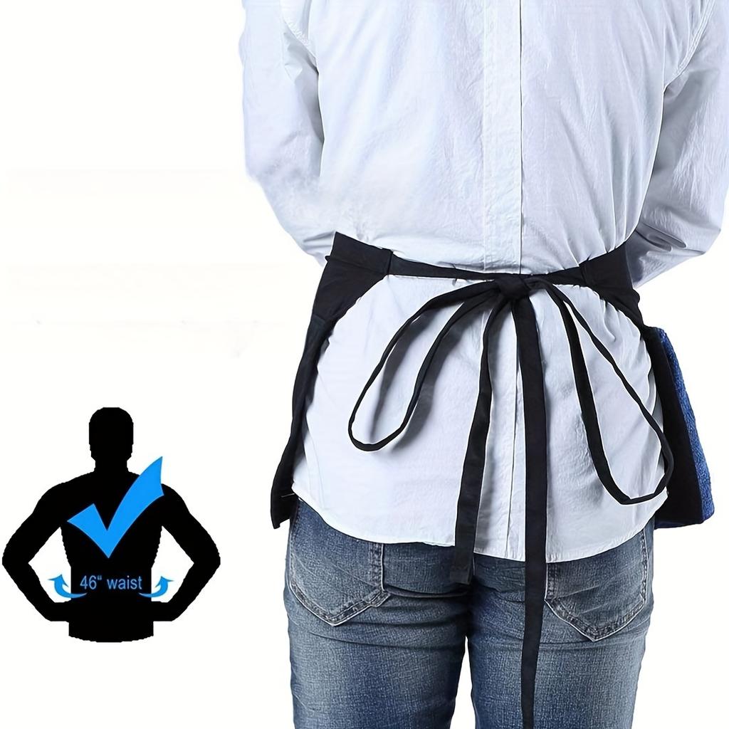 Waist Skirt with Three Pockets, Black Short Apron for Servers, Half Cut Short Apron