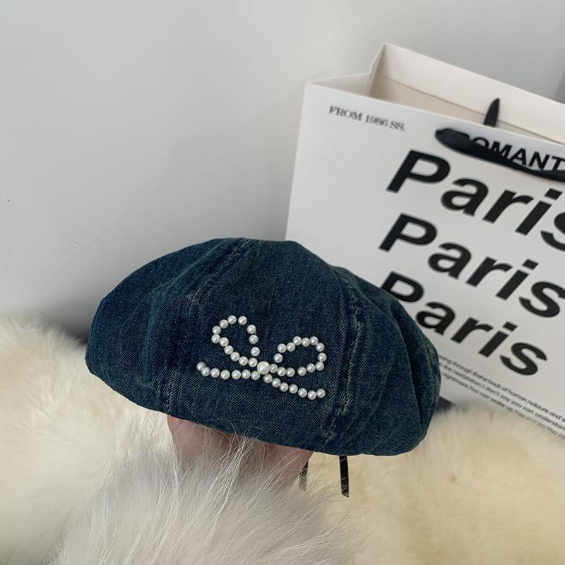 

Вымытый джинсовый берет милая крутая жемчужная бабочка шляпа бутон женская милая универсальная для лица шляпа маленького художника Adult average size темно-синий