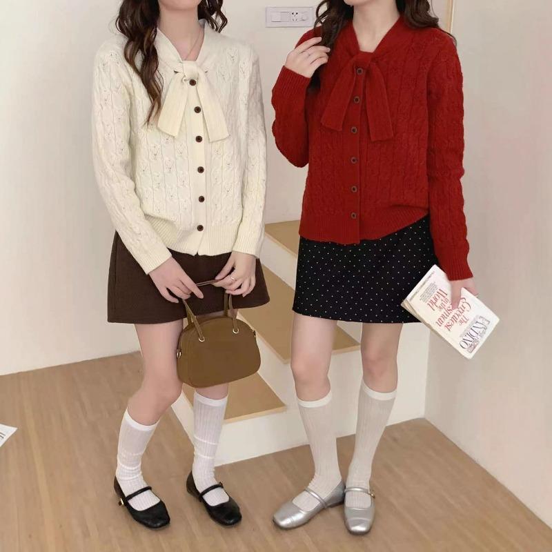 Bow Ribbon Crew Neck Knitted Sweater Spring and Autumn Women's Casual Versatile Knitted Sweater Twist Long Sleeve Tide