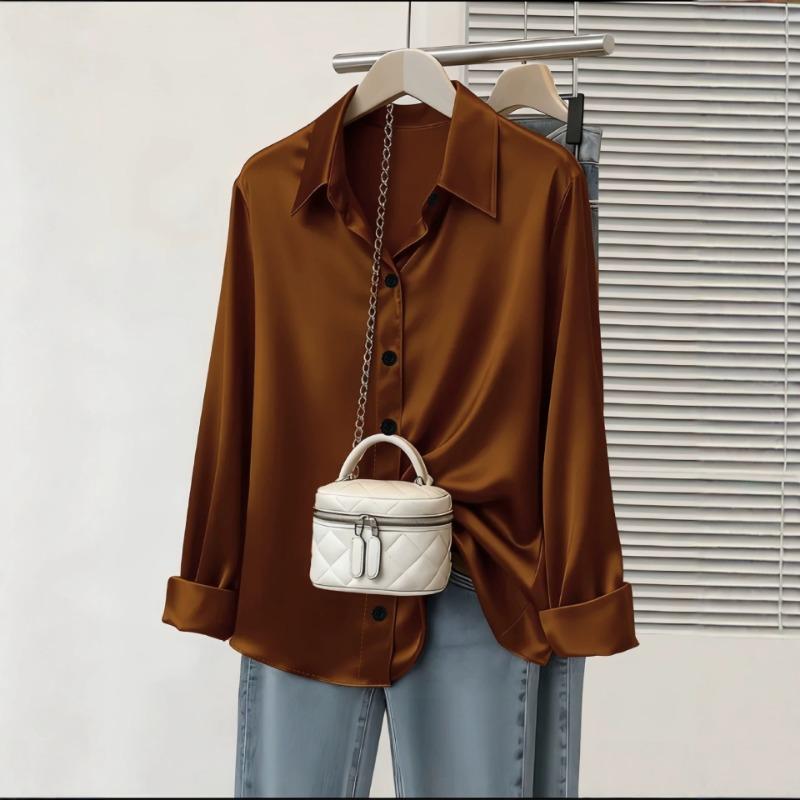 Women lapel long sleeve satin shirt solid burgundy loose fit office commute elegant casual blouse 1XL коричневый