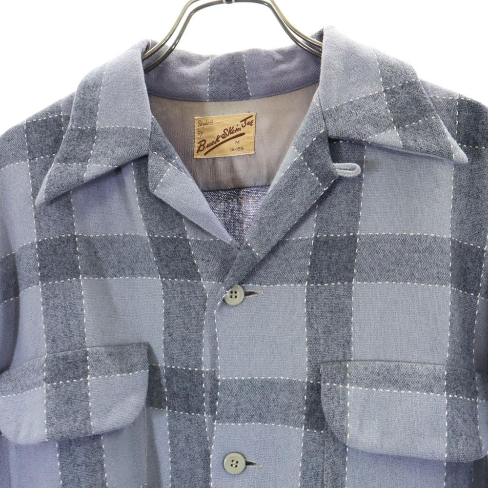 Vintage 50s Open Collar Check Long Sleeve Open Collar Shirt M Gray Men's Used