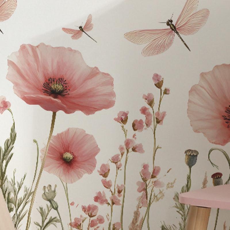 2PCS Watercolor Pink Flower Dragonfly Bedroom Porch Background Wall Beautify Wall Sticker Room Decoration