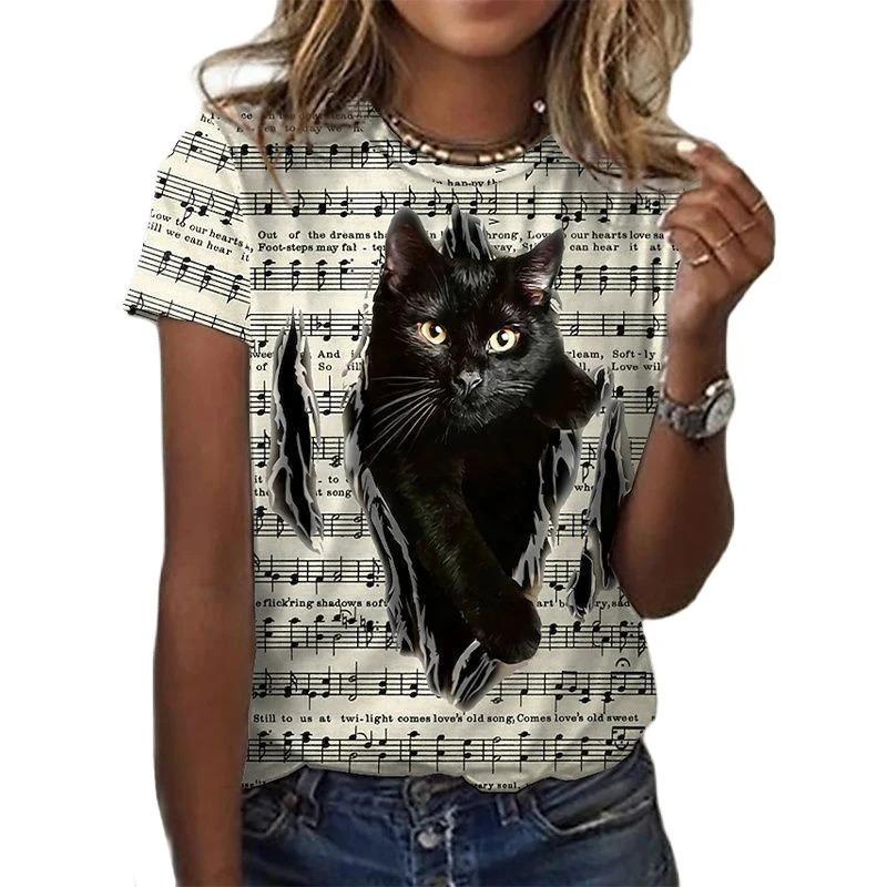 Fashion Woman Blouses T-shirt Women's 3d Cats Print Black Kawaii T Shirt Female Clothing Oversized Summer Top Free Shipping