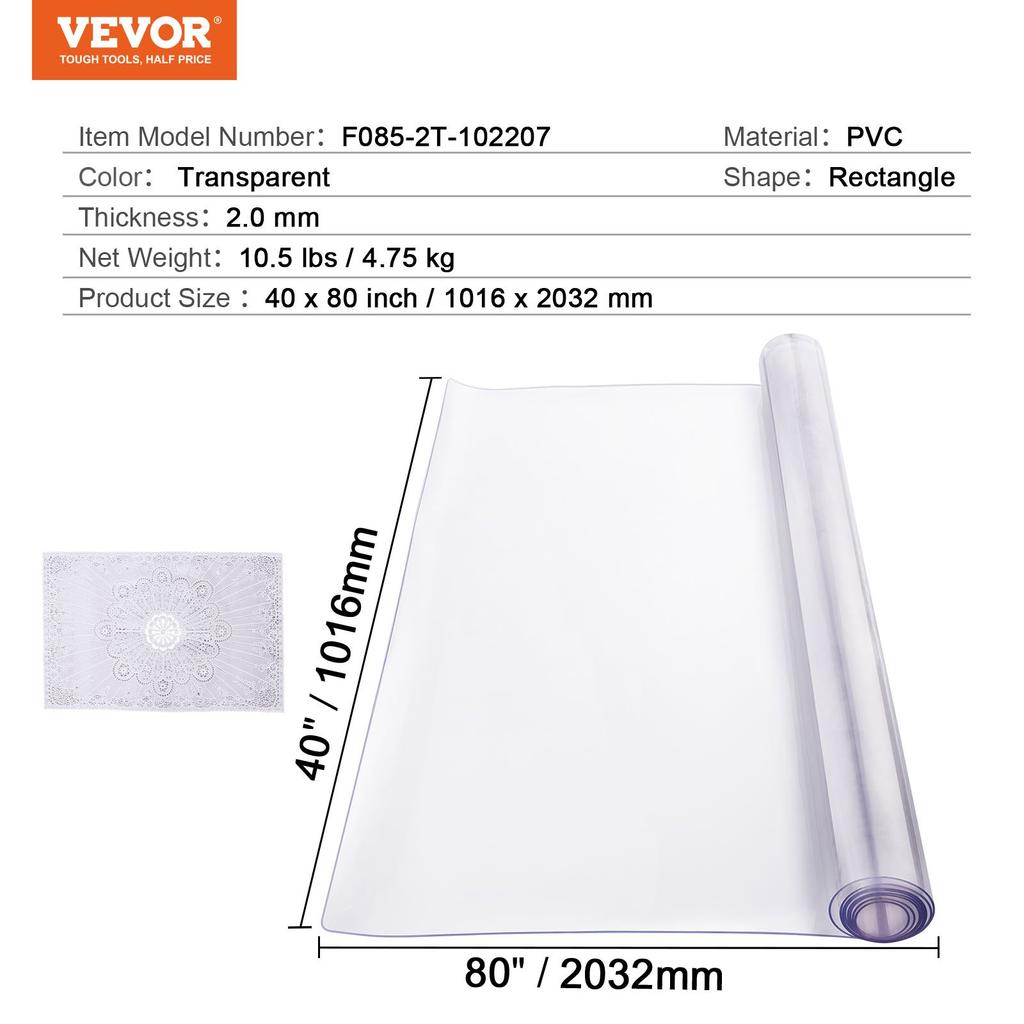 VEVOR Plastic Table Cover, 40 x 80 Inch 2.0 mm Thick Clear Table Protector, Rectangle PVC Desk Mat