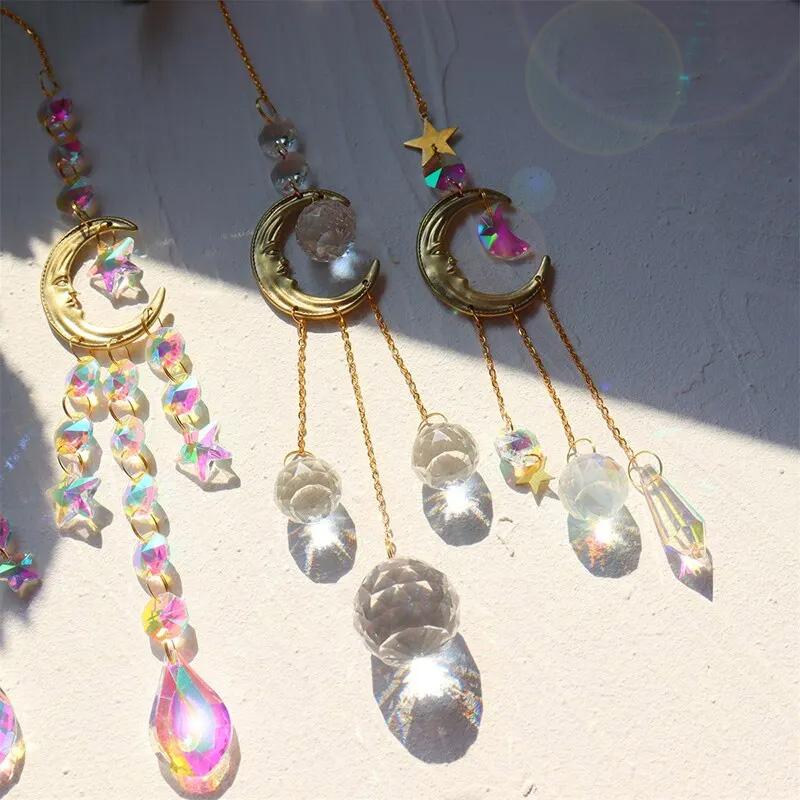 1ks Barevný křišťálový zvonkohra Měsíc Dekorativní přívěsek Křišťálový hranol Závěsný dárek SunCatcher pro zahradní párty Venkovní domácí dekorace