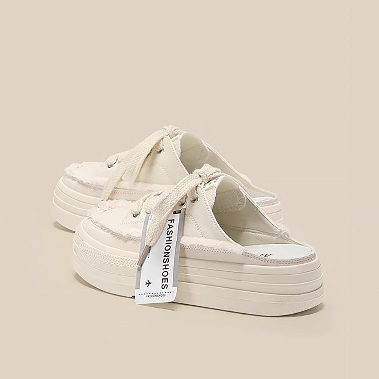 Yiyuan one-pedal biscuit bag head half slippers women's 2025 summer new thick-soled heightening beggar canvas casual shoes