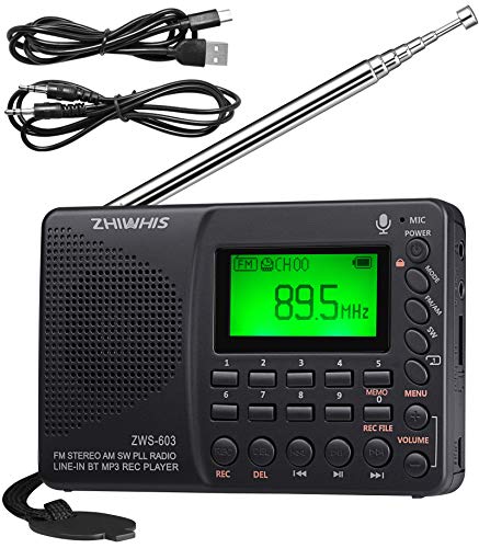 

ZHIWHIS FM/AM/SW Radio, Recorder, MP3 Player, Portable, Rechargeable, High-Capacity Lithium Battery, LCD Screen, Stereo Sound, Sleep Function, Power-O